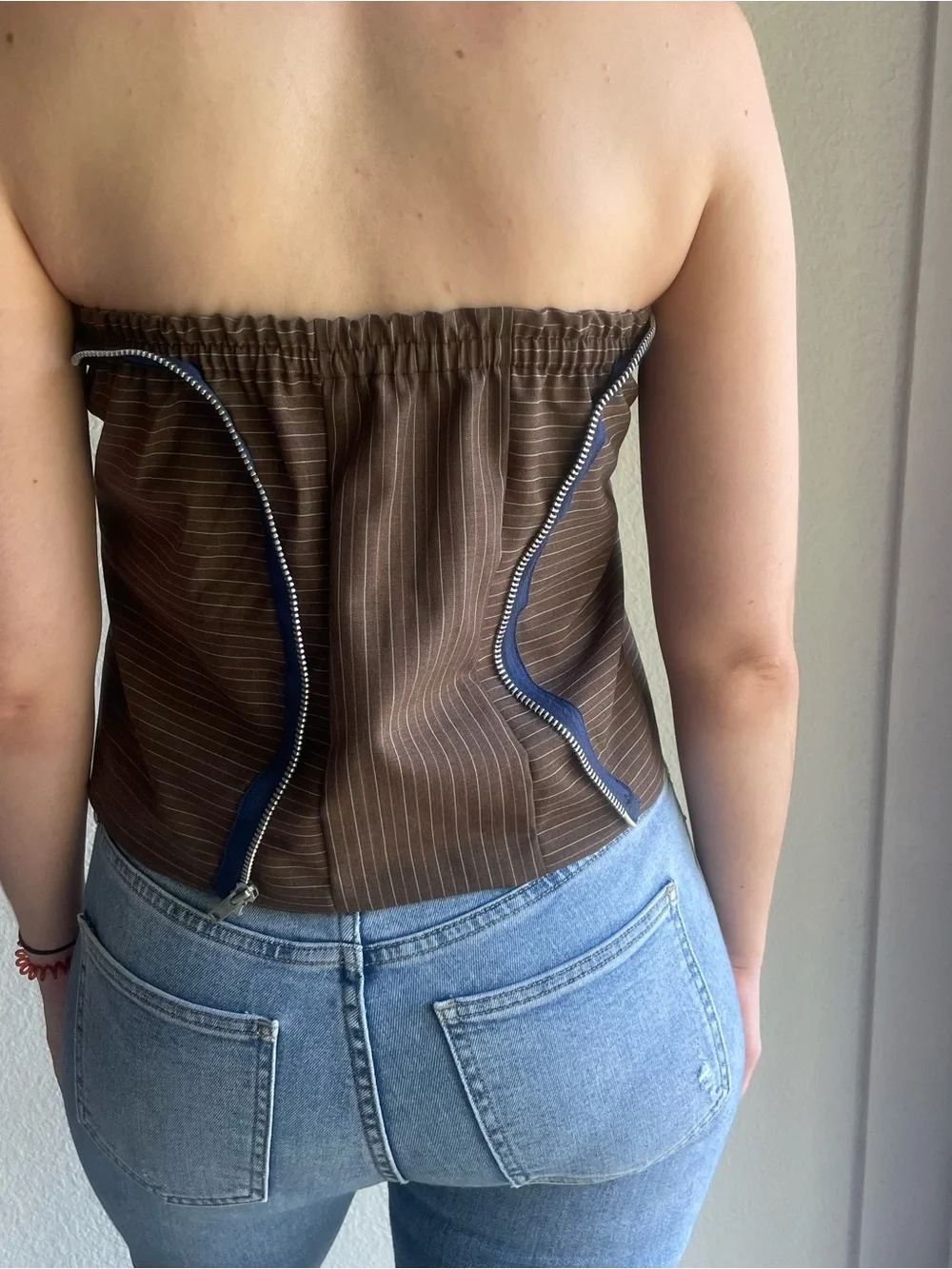 Sleeveless Brown Pinstripe Strapless Tube Top